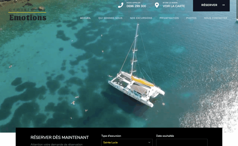 Création d'un site vitrine CMS WordPress, OpenSource et administrable facilement Installation d’un thème réadapté à la charte graphique existante Création de 5 pages de contenus Présentation de l’agence, de ses excursions et de ses catamarans Formulaire de contact Liens vers les réseaux sociaux + Création d’un compte YouTube pour la publication de vidéos Création d’un compte Google MyBusiness pour le référencement et la géolocalisation