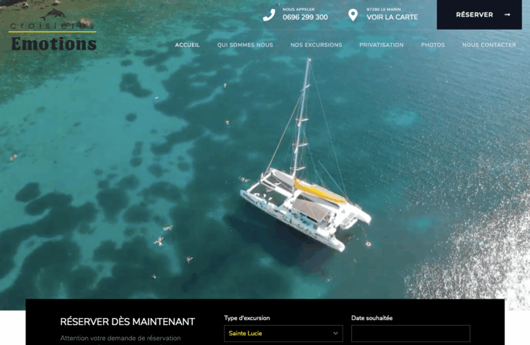 Création d'un site vitrine CMS WordPress, OpenSource et administrable facilement Installation d’un thème réadapté à la charte graphique existante Création de 5 pages de contenus Présentation de l’agence, de ses excursions et de ses catamarans Formulaire de contact Liens vers les réseaux sociaux + Création d’un compte YouTube pour la publication de vidéos Création d’un compte Google MyBusiness pour le référencement et la géolocalisation