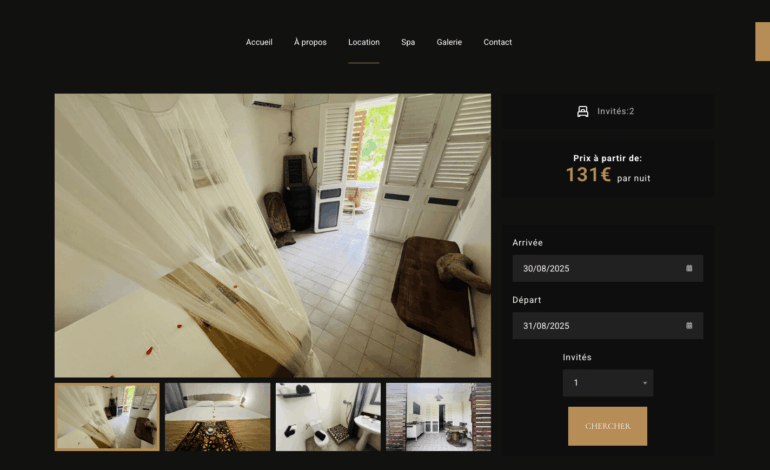 Création d'un site vitrine CMS WordPress, OpenSource et administrable facilement Installation d’un thème réadapté à la charte graphique existante Création de 7 pages de contenus Création de la fiche détaillé du logement Création des services SPA Présentation de domaine, de ses services et des alentours Plugin de réservation en ligne avec synchronisation des calendriers (AirBnb, Booking.com, CRM interne) Paiement en ligne sécurisé via PayPal Formulaire de contact Module de Newsletter Liens vers les réseaux sociaux + Création d’un compte PayPal Création d’un compte Google MyBusiness