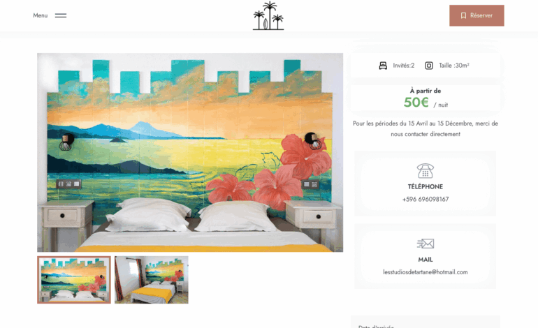 CMS WordPress, OpenSource et administrable facilement Installation d’un thème réadapté à la charte graphique existante Création de 6 pages de contenus Création des fiches détaillées de chacun des studios Présentation du domaine, de ses studios et des activités aux alentours Plugin de réservation en ligne avec synchronisation des calendriers entres les différentes plateformes de booking (AirBnb, Booking.com) Paiement sécurisé en ligne via Paypal Formulaire de contact Liens vers les réseaux sociaux + Création d’un compte Google MyBusiness Création d’un compte Google Search Console