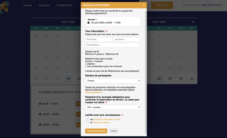 Création d'un site vitrine CMS WordPress, OpenSource et administrable facilement Installation d’un thème réadapté à la charte graphique existante Création de 6 pages de contenus Présentation de l’espace de jeu, des accessoires et des prix Plugin de réservation avec paiement en ligne Formulaire de contact Module de Newsletter Module météo Liens vers les réseaux sociaux + Création d’un compte MailChimp pour la gestion des newsletters