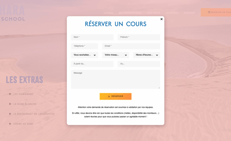 Création d'un site vitrine CMS WordPress, OpenSource et administrable facilement Installation d’un thème réadapté à la charte graphique existante Création de 5 pages de contenus Présentation de l’école de kite, de ses services et de ses prix Formulaire de contact avancé Liens vers les réseaux sociaux