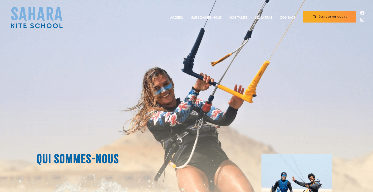 Création d'un site vitrine CMS WordPress, OpenSource et administrable facilement Installation d’un thème réadapté à la charte graphique existante Création de 5 pages de contenus Présentation de l’école de kite, de ses services et de ses prix Formulaire de contact avancé Liens vers les réseaux sociaux